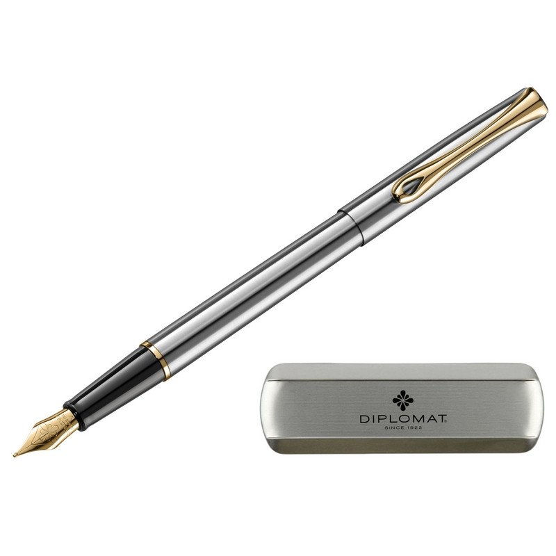 превью Ручка перьевая Diplomat Traveller stainless steel gold F цвет чернил синий цвет корпуса серебристый (артикул производителя D10057453)