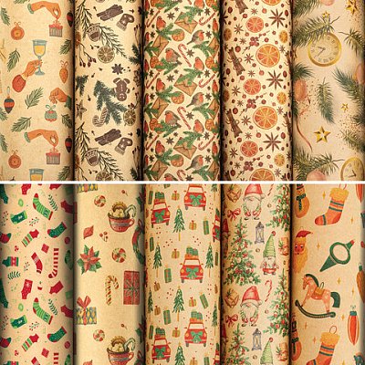 Бумага упаковочная новогодняя «Christmas Kraft», 70×100 см, 10 дизайнов ассорти, ЗОЛОТАЯ СКАЗКА
