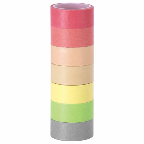 превью Клейкие WASHI-ленты для декора «ПАСТЕЛЬ», 7 теплых цветов, 15 мм х 3 м, рисовая бумага, ОСТРОВ СОКРОВИЩ, 661700