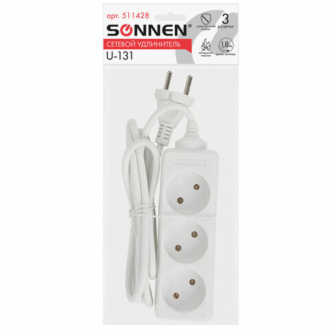Удлинитель сетевой SONNEN U-131, 3 розетки, без заземления, 10 А, 1.8 м, 511428