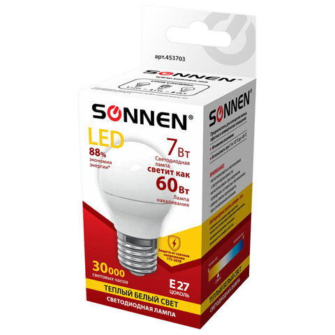 Лампа светодиодная SONNEN, 7 (60) Вт, цоколь E27, шар, теплый белый свет, LED G45-7W-2700-E27