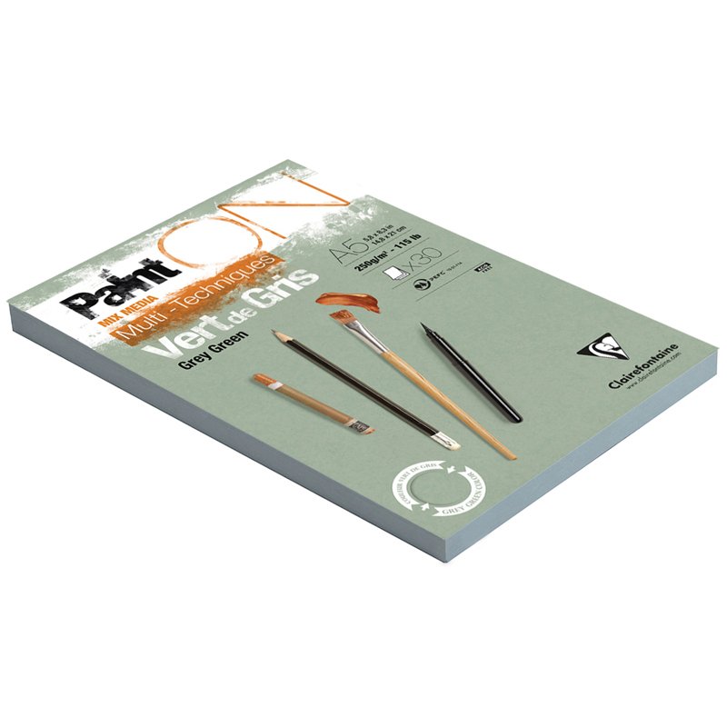 Скетчбук - альбом для смешанных техник 30л., А5, на склейке Clairefontaine «Paint'ON Grey Green», 250г/м2, серо-зеленая