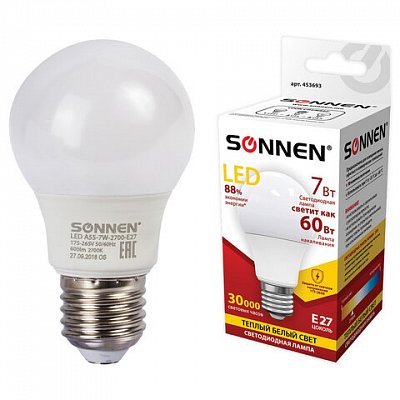 Лампа светодиодная SONNEN, 7 (60) Вт, цоколь E27, грушевидная, теплый белый свет, LED A55-7W-2700-E27