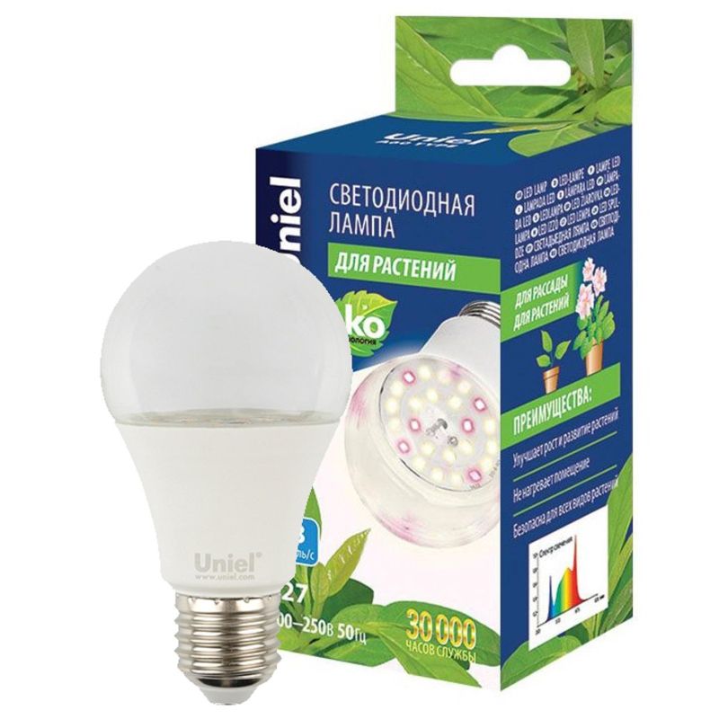 Фитолампа Uniel LED-A60-10W/SPFB/E27/CL PLP30WH форма A, прозрачная