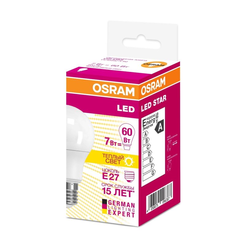 превью Лампа светодиодная Osram star classic, 7Вт, тип А «груша», Е27, 2700К, теплый свет