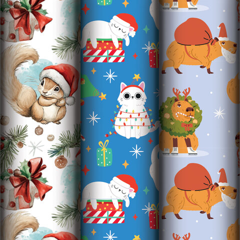 превью Бумага упаковочная новогодняя НАБОР 3 шт., «X-mas animals», 70×100 см, 3 дизайна, ЗОЛОТАЯ СКАЗКА
