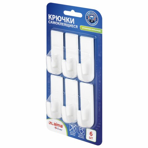 Крючки самоклеящиеся универсальные 6.6×2.1 смКОМПЛЕКТ 6 шт. белыеLAIMA Home608793