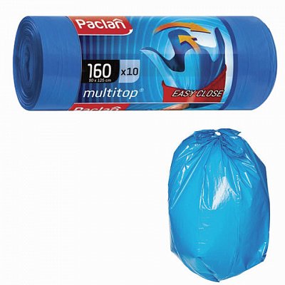 Мешки для мусора 160 л, с ушками, синие, в рулоне 10 шт., ПВД, 30 мкм, 90×125 см, PACLAN «Multitop»