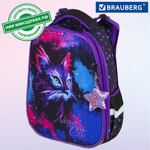Ранец BRAUBERG PREMIUM, 2 отделения, с брелком, «Neon cat», 38×29х16 см