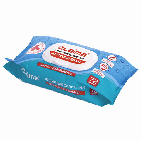 Салфетки влажные, 72 шт., ЛАЙМА Antibacterial, антибактериальные, клапан крышка, 129997