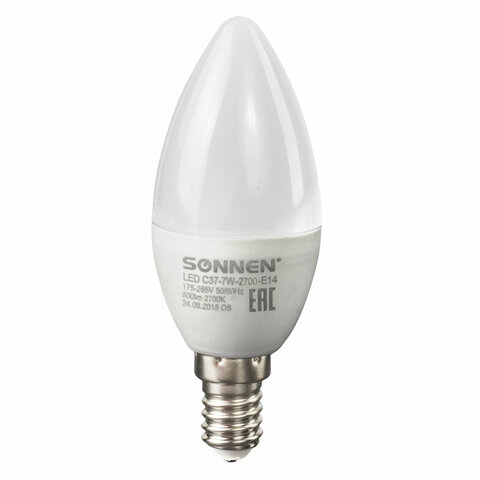 Лампа светодиодная SONNEN, 7 (60) Вт, цоколь Е14, свеча, теплый белый свет, LED C37-7W-2700-E14