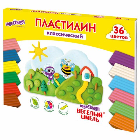 Пластилин классический ЮНЛАНДИЯ «ВЕСЁЛЫЙ ШМЕЛЬ», 36 цветов, 720 грамм, СО СТЕКОМ, ВЫСШЕЕ КАЧЕСТВО