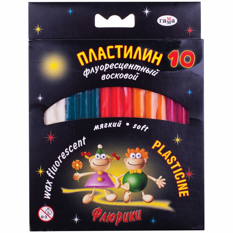 превью Пластилин флуоресцентный Гамма «Флюрики», 10 цветов, со стеком, картон. упак., европодвес