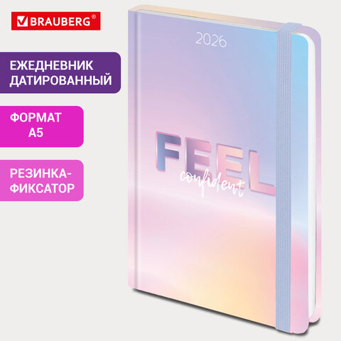 Ежедневник датированный 2026 с резинкой 145×203 мм, А5, BRAUBERG, твердый, фольга, «Нежность»