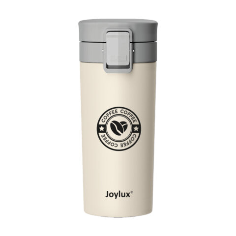 Термокружка 380 мл JOYLUX (ДЖОЙЛЮКС) CLASSIC COFFEE, нержавеющая сталь SUS304, бежевый с принтом
