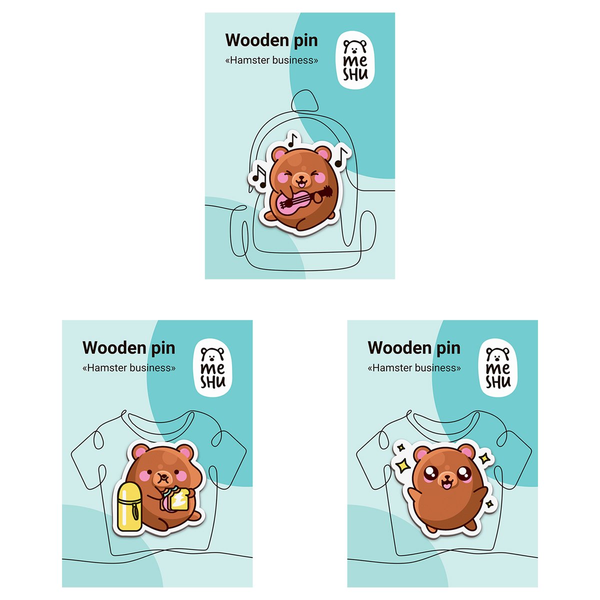 превью Набор деревянных значков MESHU «Hamster business», каширование, 3шт. 