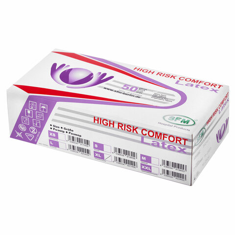 Перчатки латексные смотровыеособо прочныеSFM HIGH RISK COMFORT25 пар (50 штук)размер XL (очень большой)