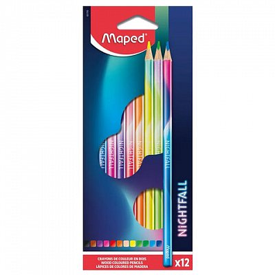 Карандаши цветные MAPED Nightfall, набор 12 цветов, трехгранные, корпус градиент металлик
