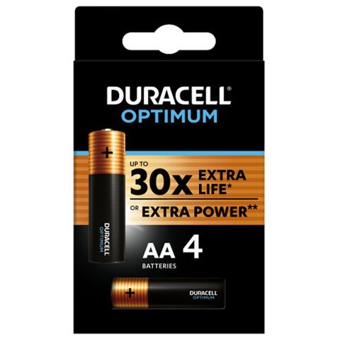 превью Батарейки КОМПЛЕКТ 4 шт., DURACELL Optimum, AA (LR6, 15А), х30 мощность, алкалиновые, пальчиковые
