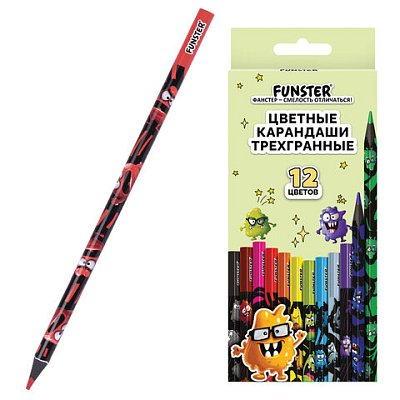 Карандаши цветные FUNSTER (ФАНСТЕР) МОНСТРИКИ, 12 цветов, черный корпус с принтом, трехгранные