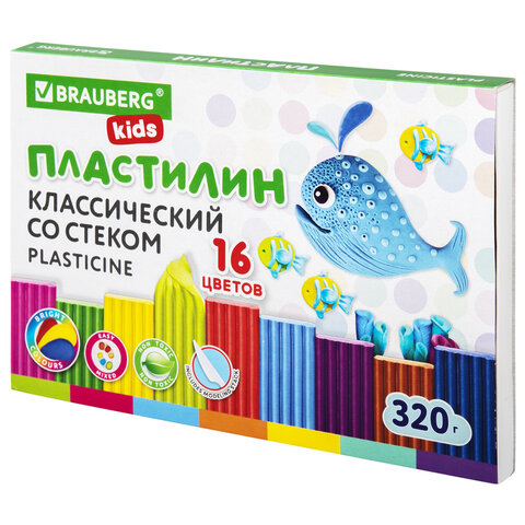превью Пластилин классический BRAUBERG KIDS, 16 цветов, 320 г, со стеком