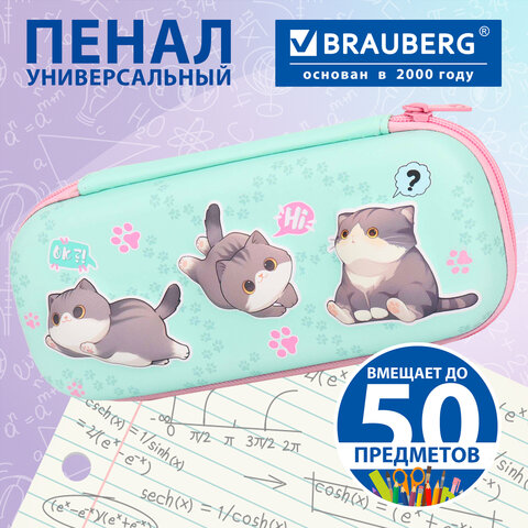 Пенал BRAUBERG, 1 отделение, 1 откидная планка, ЭВА, 22×10х5 см, «Милые коты»