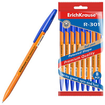 Ручки шариковые ERICH KRAUSE R-301 «Stick Orange», СИНИЕ, набор 8 штук, 0.7 мм