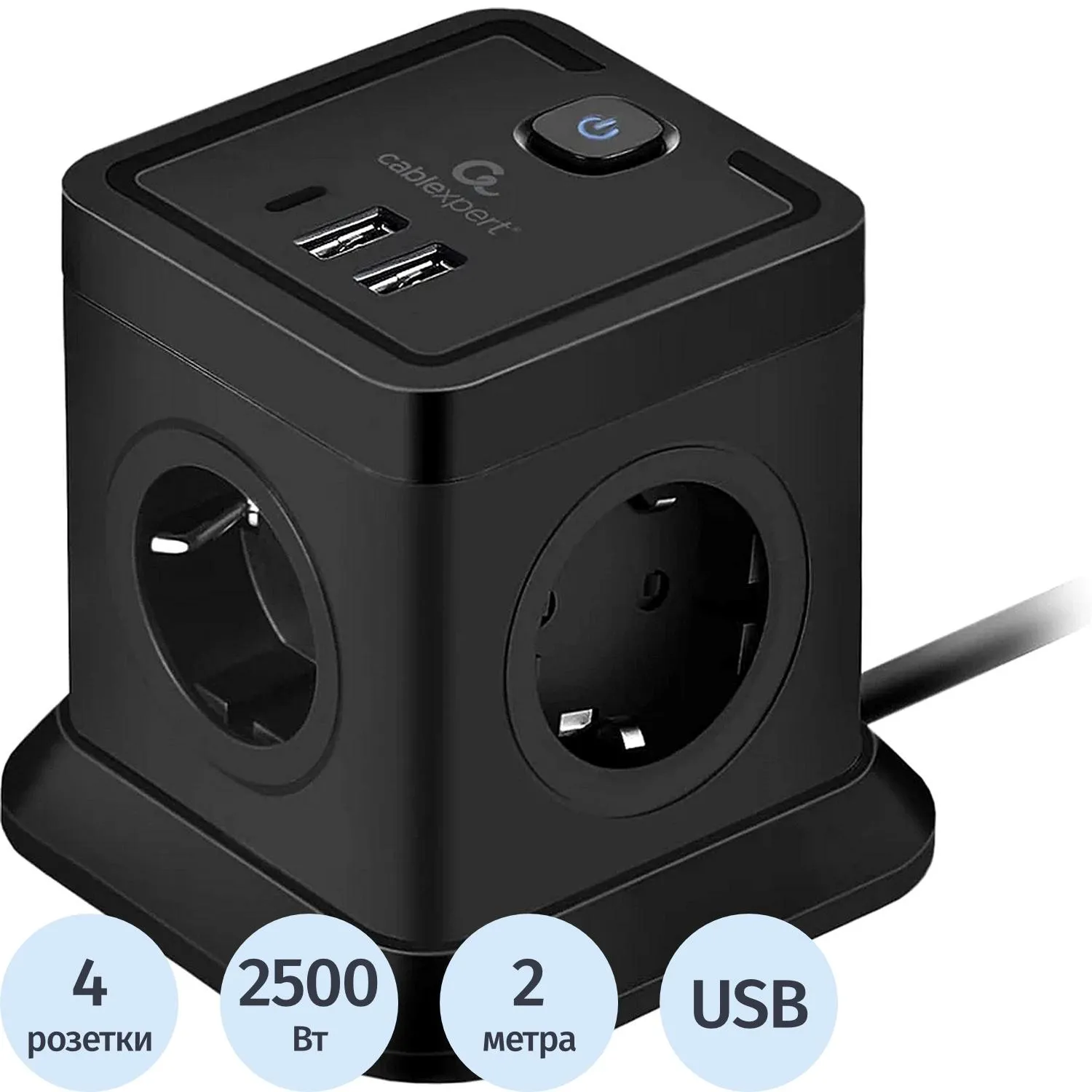 Сетевой фильтр Cablexpert Tower на 4 розетки 2 метра + 2 USB (TWR-4-CU2-B-2)