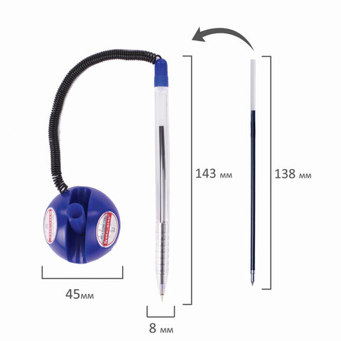 Ручка шариковая настольная BRAUBERG «Counter Pen», СИНЯЯ, пружинка, корпус синий, 0.5 мм, 143259