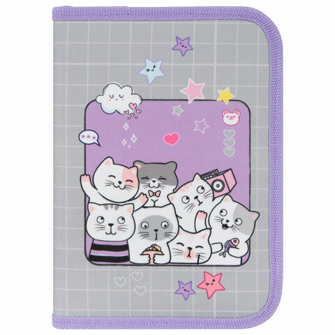 Пенал ПИФАГОР, 1 отделение, 2 откидные планки, полиэстер, 20×14 см, «Cats selfie»