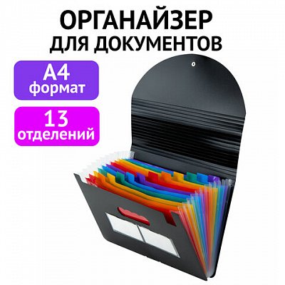 Папка-органайзер для бумаг и документов на резинке, 13 отделений, BRAUBERG DOCS, А4, черная