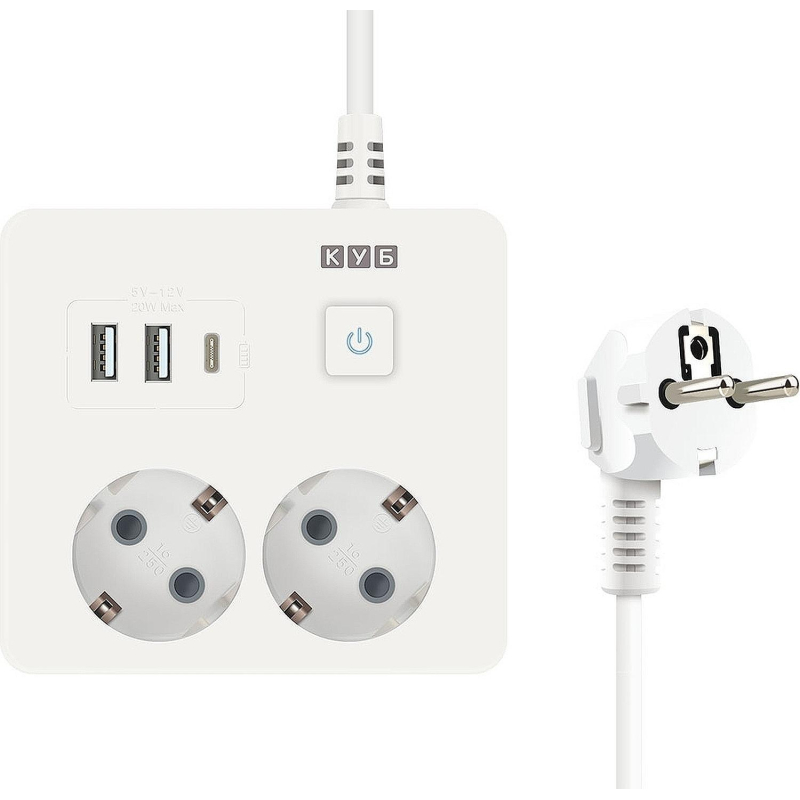 Удлинитель Power Cube, 2р с/з вык.,3USB, 3500 Вт, 16А, 1.9 м, 3×1.0 (белый)