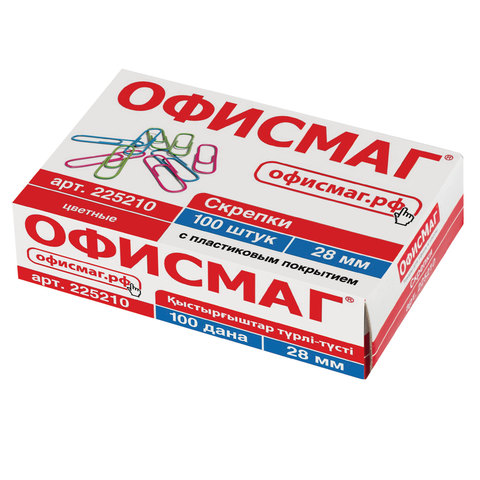 превью Скрепки ОФИСМАГ, 28 мм, цветные, 100 шт., в картонной коробке, Россия