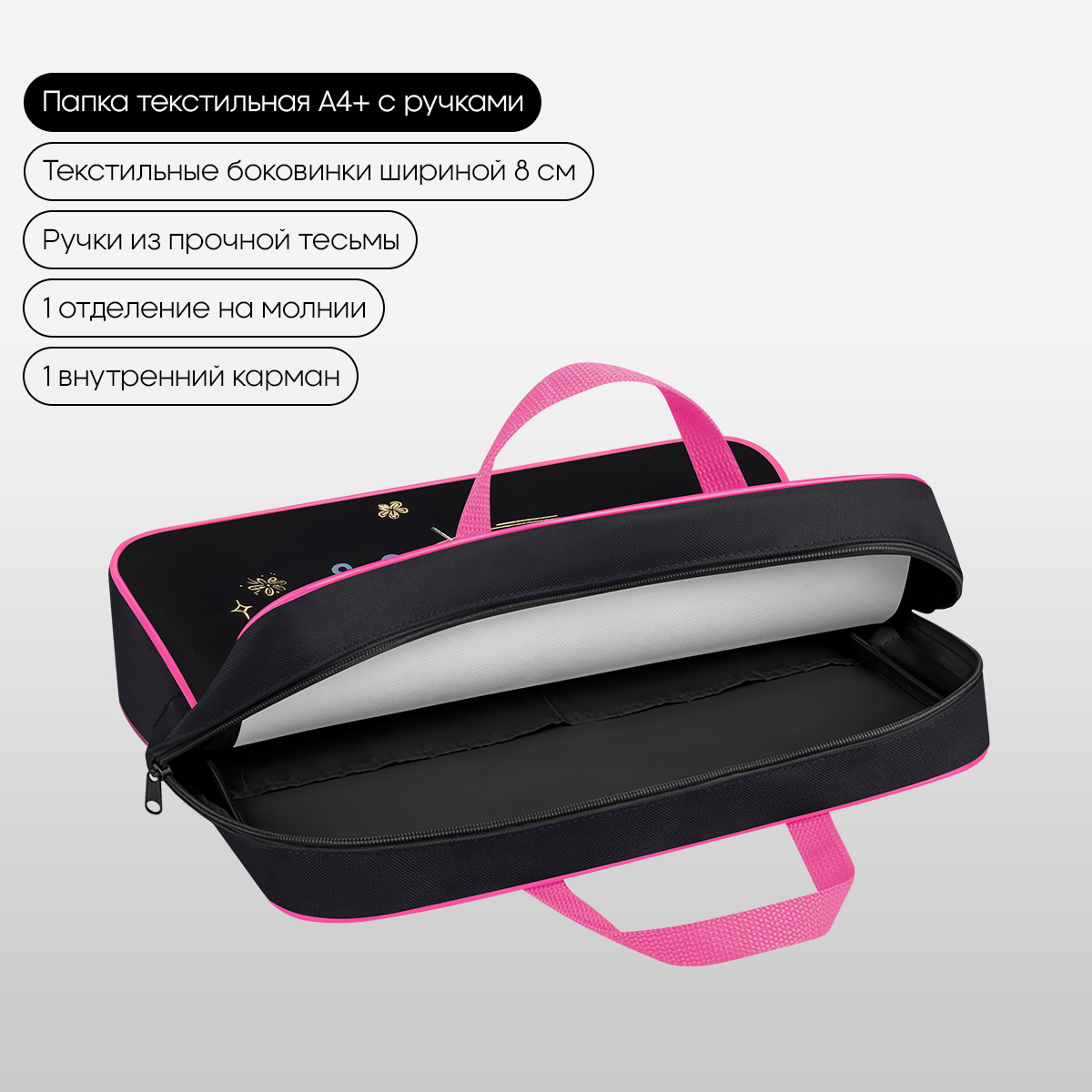 Папка текстильная с ручками 1 отделение, А4 Berlingo «Candy Princess», 350×265×80мм, текстиль, на молнии