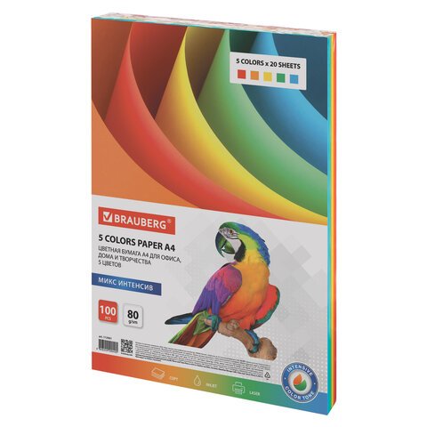 превью Бумага цветная BRAUBERGА480 г/м2100 л. (5 цветов х 20 л. )интенсивдля офисной техники112461