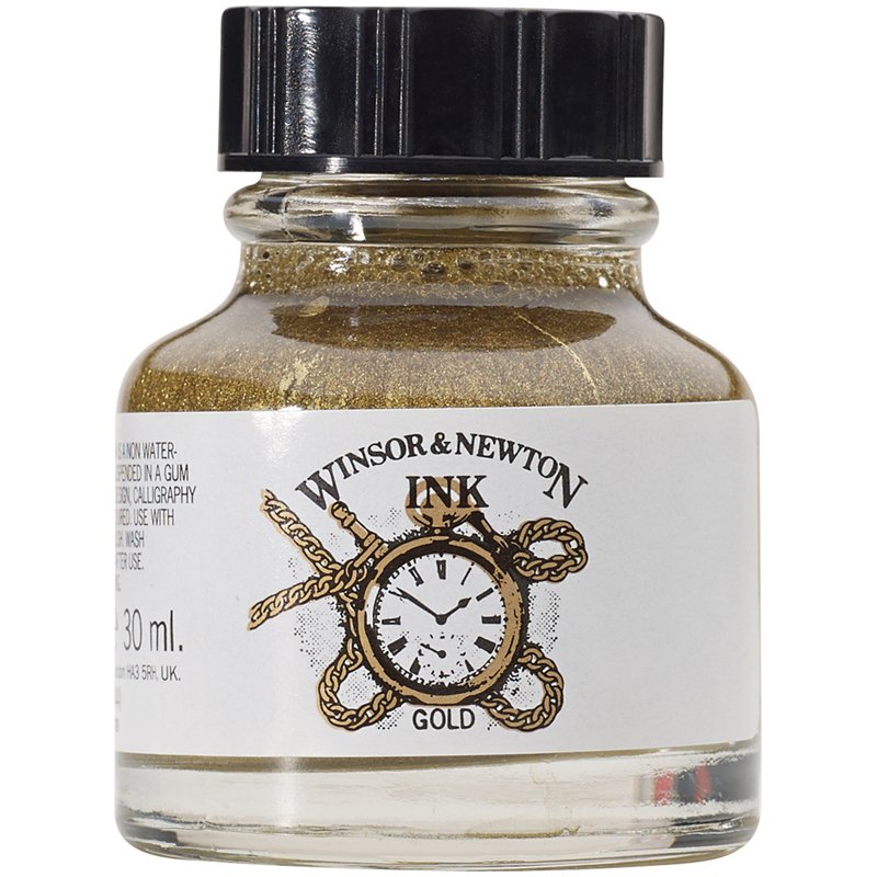 превью Тушь Winsor&Newton для рисования, золотой металлик, флакон c пипеткой 30мл