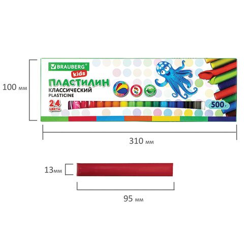 Пластилин классический BRAUBERG KIDS, 24 цвета, 500 г, ВЫСШЕЕ КАЧЕСТВО