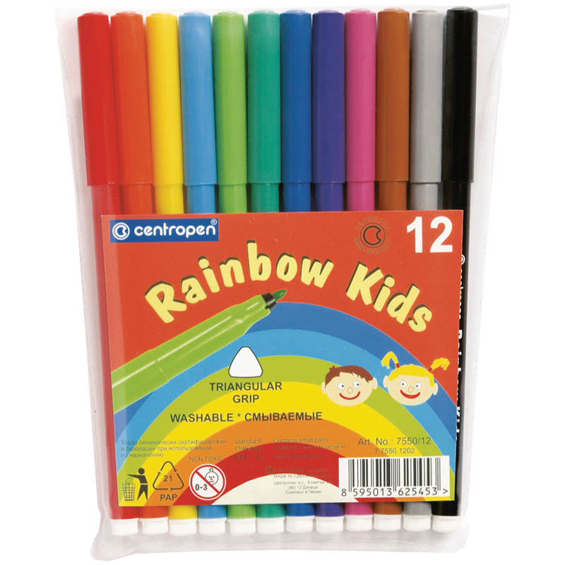 Фломастеры CENTROPEN «Rainbow Kids», 12 цветов, смываемые, эргономичные, вентилируемый колпачок