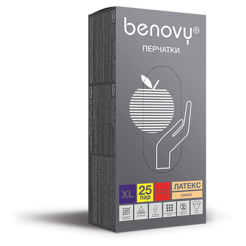 Перчатки латексные смотровые BENOVY High Risk 25 пар (50 шт. ), неопудренные, повышенной прочности, размер XL (очень большой), синие