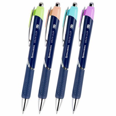 Ручка шариковая автоматическая с грипом BRAUBERG DELTA CLIP, СИНЯЯ, ассорти, узел 0.7 мм, линия письма 0.35 мм,144201