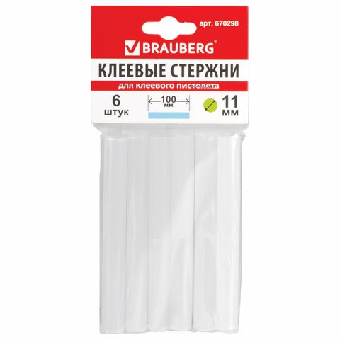 превью Клеевые стержни, диаметр 11 мм, длина 100 мм, белые, комплект 6 штук, BRAUBERG, европодвес