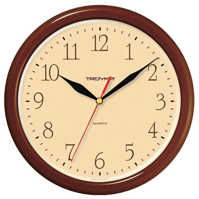 Часы настенные TROYKA 21234287, круг, бежевые, коричневая рамка, 24.5×24.5×3.1 см