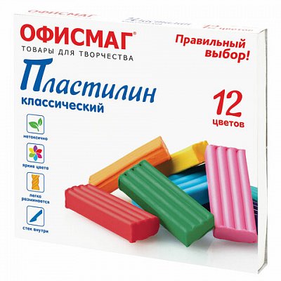 Пластилин классический ОФИСМАГ, 12 цветов, 240 г, СО СТЕКОМ