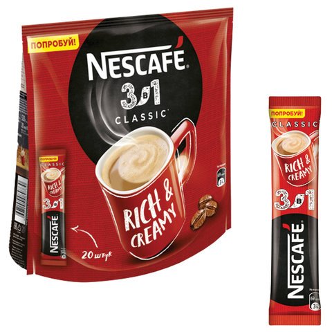 превью Кофе растворимый NESCAFE «3 в 1 Классик», 20 пакетиков по 16 г (упаковка 320 г)