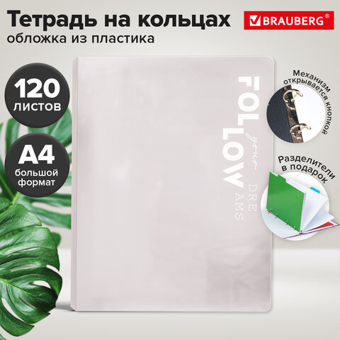 Тетрадь на кольцах БОЛЬШАЯ А4, 305×235 мм, 120 л., пластик, разделители, BRAUBERG, БЕЛЫЙ