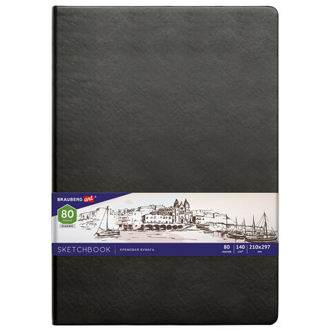 превью Скетчбук, слоновая кость 140 г/м2 210×297 мм, 80 л., КОЖЗАМ, резинка, BRAUBERG ART CLASSIC, черный