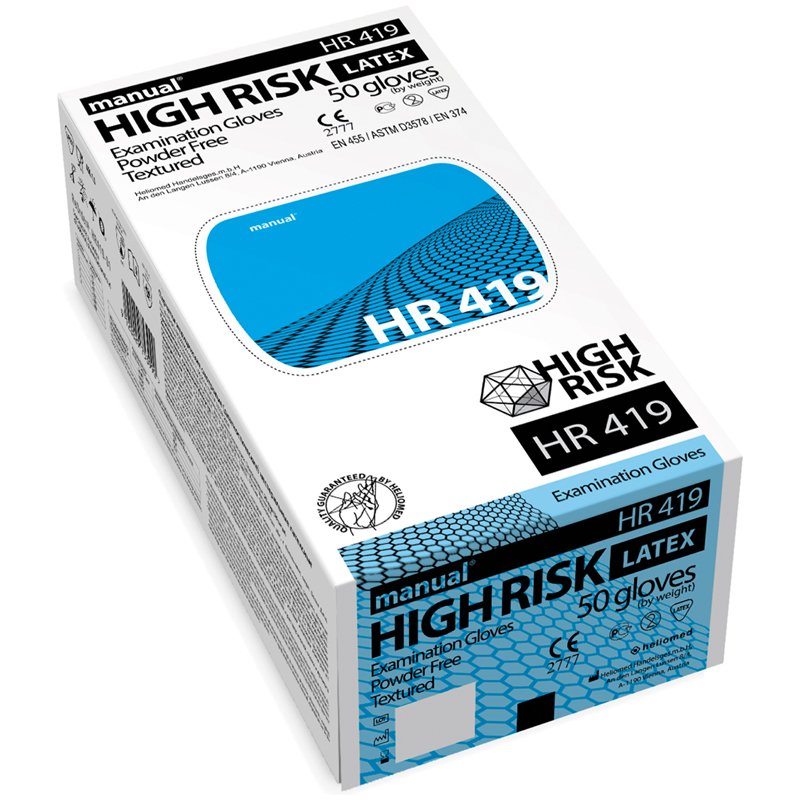 Перчатки латексные медицинские Manual «High Risk HR419», M, 50шт., неопудренные, особо прочные, картон. коробка