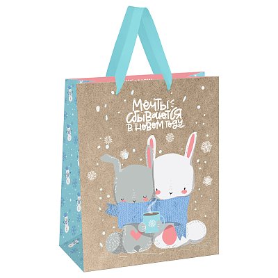 Пакет подарочный 26×32×12см MESHU «Cute bunny», фольга, блестки, крафт