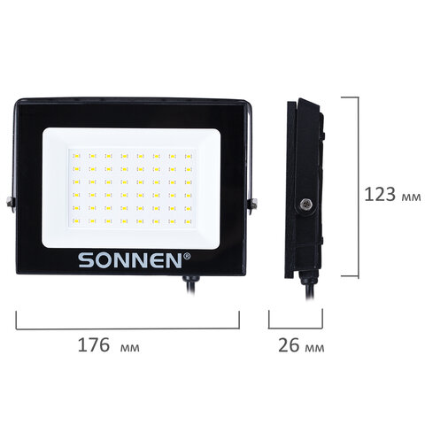 Прожектор светодиодный 50 Вт, 6500 К, 4000 Лм, IP65, 176×123x26 мм, черный, SONNEN