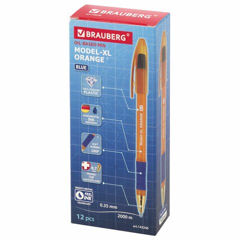 Ручка шариковая масляная с грипом BRAUBERG Model-XL ORANGE, СИНЯЯ, узел 0.7 мм, линия 0.35 мм, 143246